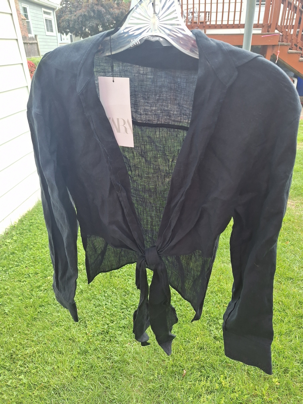 NWT Zara Black Sheer Tie-Front Shirt.  Womens Small